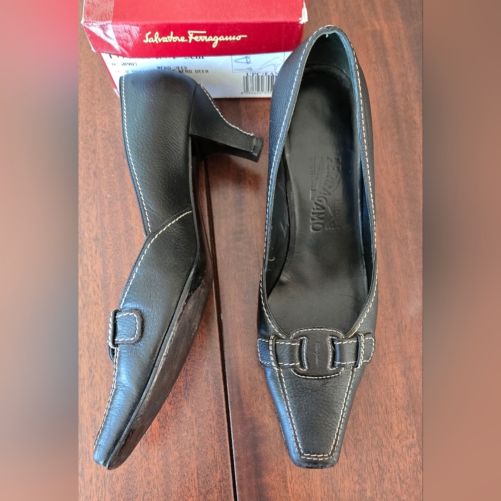 Salvatore Ferragamo "Louisiana" 5cm black heels stitching square point sz 8.5M